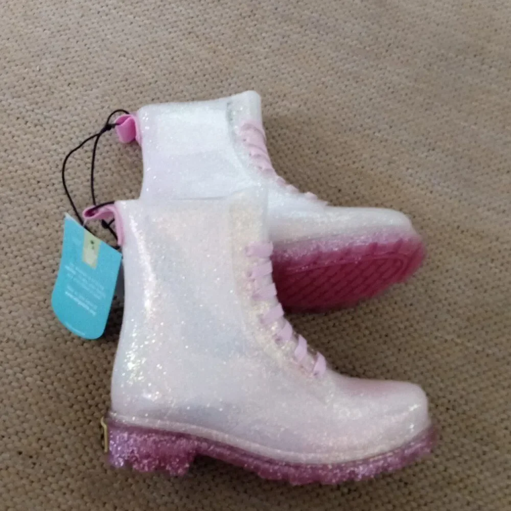 Western Chief Girl's Shimmer Glitter Lighted Combat Boots (Sz-11) Iridescent NEW